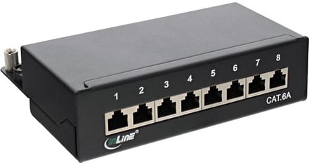 Premium CAT6a Gigabit DIN Rail Patch Panel 1U met 8 poorten - afgeschermd / zwart