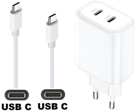 OneOne 35W snellader met 2 poorten USB C en USB C + 0,2m sterke USB C naar C kabel. Witte PD lader. Oplader adapter past op JBL LIVE 300TWS, Pulse 4, Quantum 400, Quantum 600, Quantum 800, Quantum ONE, Reflect Mini NC