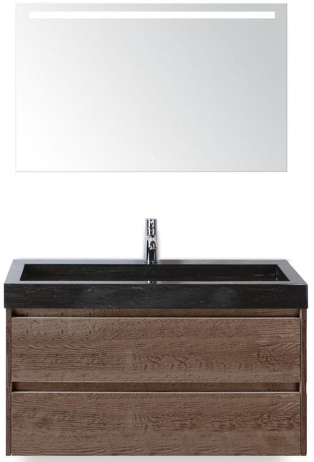 Dante Badmeubelset 100 cm - Tabacco - Wastafel Hardsteen Wit Lucca met Sence Spiegel