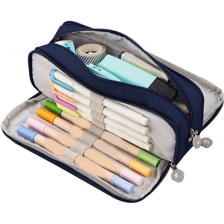 Trousse à crayons à 3 compartiments, grande capacité, double ouverture, toile souple, anti-poussière, fermeture éclair bleu marine