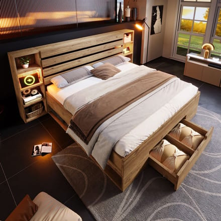 MODFU Bedframe 160x200 cm – Metaal en hout – Met LED, USB-C, opbergruimte & hoofdbord – Eikenkleur