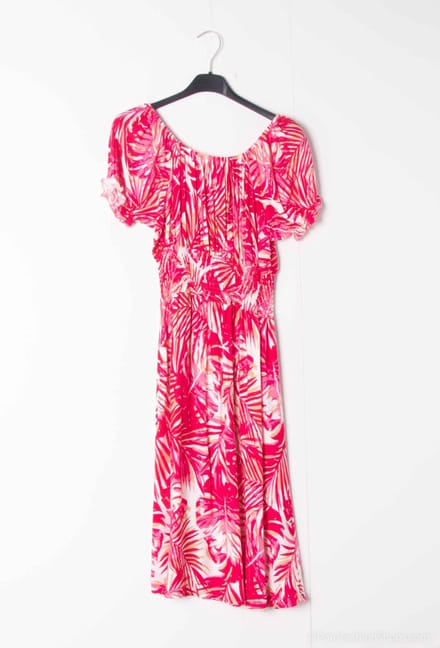 Dames jurk Dieke-bladerenmotief-rood wit beige roze-Maat S-strandjurk