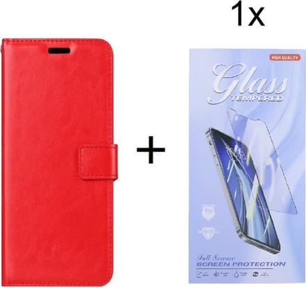 Bookcase Geschikt voor: iPhone 13 Pro Max - Rood - portemonee hoesje met 1 stuk Glas Screen protector