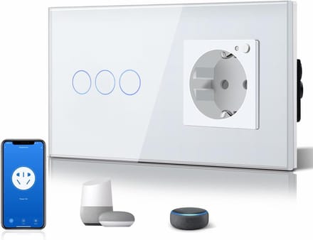 Slimme Wifi Lichtschakelaar met Touchscreen en Stopcontact - Compatibel met Google Home en Alexa