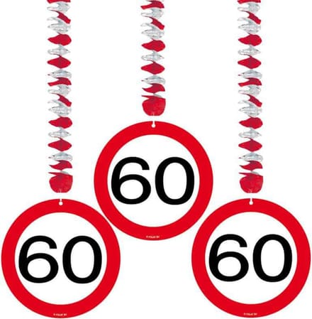 60 jaar verkeersbord hangdecoratie - 3 stuks