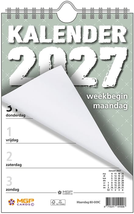 MGPcards - Weekblok met Wire-O binding 2027 - Week begint op maandag - 13,5 x 20,5 cm - Groen
