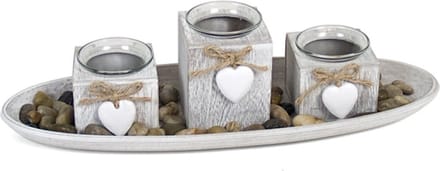 Gerimport Kaarsenbord-plateau - 3 kaarsenhouders - hout - deco stenen - D40 cm