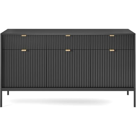 Selsey Vellore - driedeurs commode 154 cm - zwart met gecanneleerde fronten en goudkleurige handgrepen