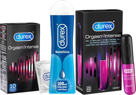 Durex - 10 stuks Condooms - Orgasm Intense - 110ml Glijmiddel - Intense Orgasm 10ml - Play Sensitive 100ml - Voordeelverpakking