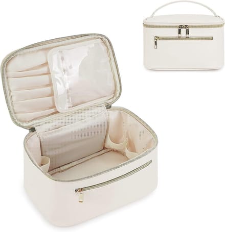 Make-uptas - Reistas - Toilettas - Opbergtas - Groot formaat - Met borstelvak - PU-leer - Draagbaar - Beige