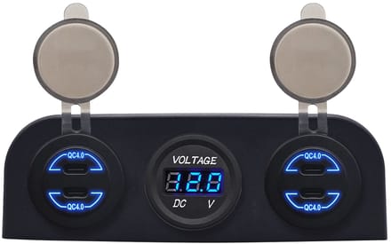 ProRide 12V USB C Autolader 4 Poorten - 30W/QC4.0 - P19185 - Drievoudig opbouw paneel met Voltmeter