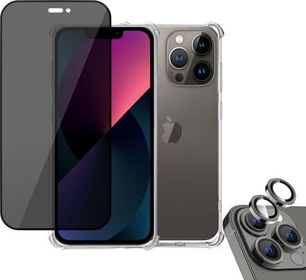 Geschikt voor iPhone 14 Hoesje + Privacy Screenprotector + Camera Beschermglas – Privé - Gehard Glas Screen