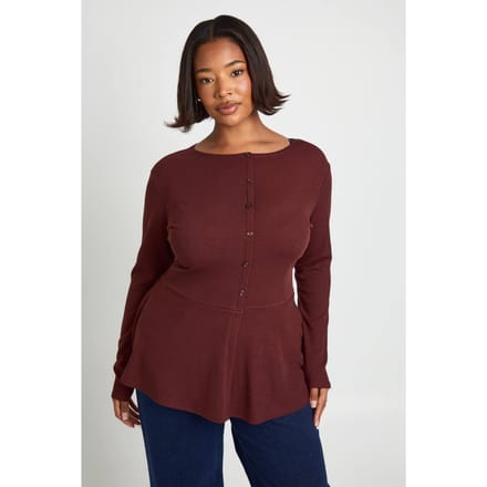 boohoo Dames Plusknop Voorkant Peplum Top | Chocoladebruin | Maat: 48
