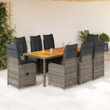 vidaXL - 9-delige - Bistroset - met - kussens - poly - rattan - grijs