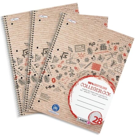 Herlitz gerecycled collegeonderlegger, A4+ formaat, 3 stuks, 80 vel per onderlegger, geruit, rood