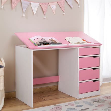 Kinderbureau EMMA van massief grenenhout in wit/roze, met verstelbare hellingshoek
