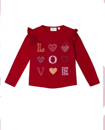 RODE T-SHIRT MET LEUKE PRINT EN PARELTJES
