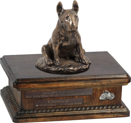 Persoonlijke urn voor Bull Terrier as met beeldje en houten design