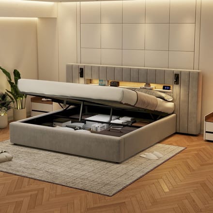 Gestoffeerd Bed - 180x200 cm - met LED en Nachtlamp - USB-Aansluiting - Fluweel - Grijs