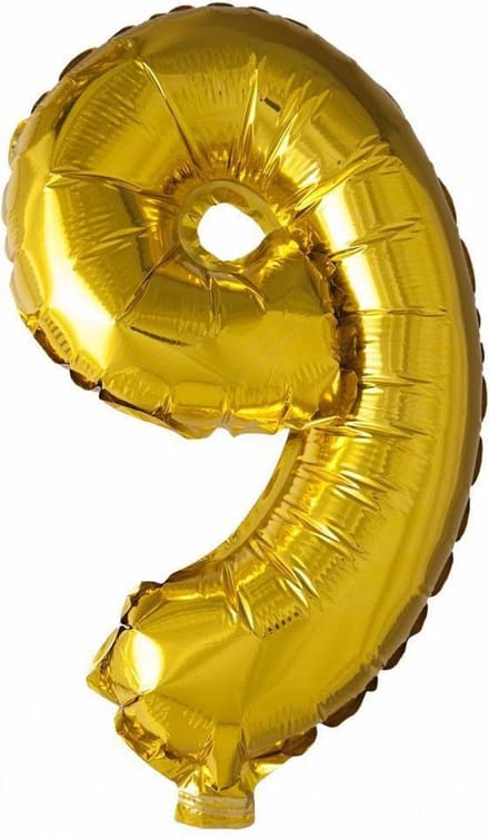 Folie Ballon Cijfer 9 Goud 41cm met rietje
