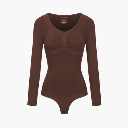 cfab - Bodysuit met corrigerende werking, lange mouwen en strik - Bruin - M