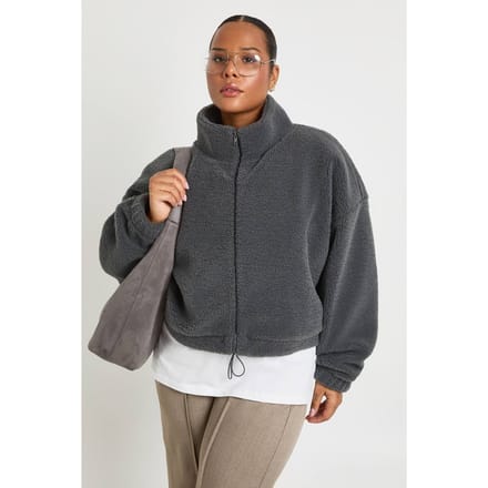 boohoo Dames Plus Boxy Teddy Bomberjack | Houtskool | Maat: 46