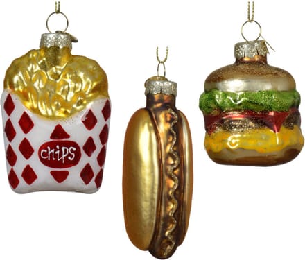 Decoris Kersthangers snacks - 3x stuks - goud - glas - patat - hotdog - hamburger