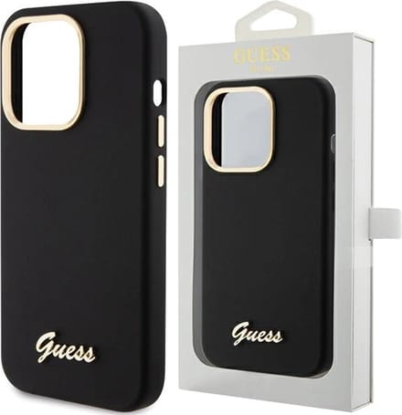Guess - Siliconen - Script Metal Logo & Frame hoesje voor iPhone - 15 - Pro - zwart