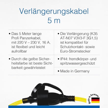 Stekkerkabel Verlengkabel 5 meter IP44 Zwaar Gebruik Schuko Euro Stekker Geel