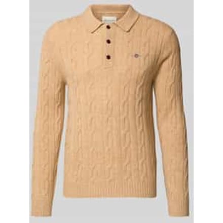 Gant Trui Lambswool Cable Polo Collar Pullover Khaki Melange / male