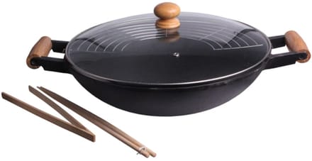 Cast Iron Wokpan set - 5-delig - gietijzer/hout - zwart - 47 x 39 cm
