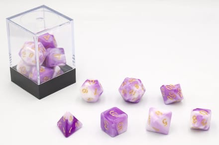 HOT Games dobbelstenen set paars-wit 7 stuks kunststof brick.