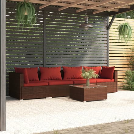 vidaXL - 5-delige - Loungeset - met - kussens - poly - rattan - bruin