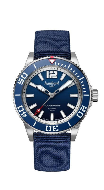 Hanhart Aquasphere Ocean Fade - Horloge - blauwe rand lunette - blauwe hook strap band - 42 mm
