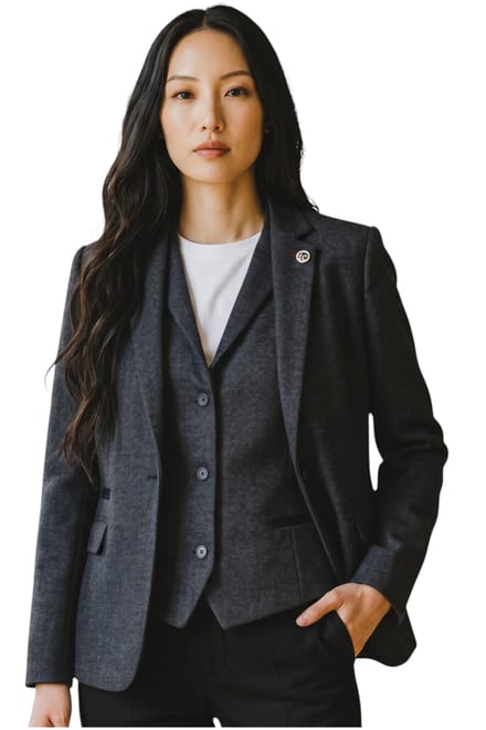 Dames zwarte visgraat wollen tweed blazer vest 2-delig set - WS-1