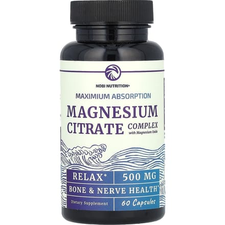 Nobi Nutrition, Complexe de Citrate de Magnésium, avec Oxyde de Magnésium, Absorption Maximale, 500 mg, 60 Capsules