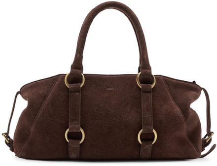 Manfield - Donkerbruine suède handtas met gouden ringen