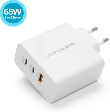 LC Power® 3-in-1 Snellader GaN 65W met 2x USB-C en 1x USB-A Wit
