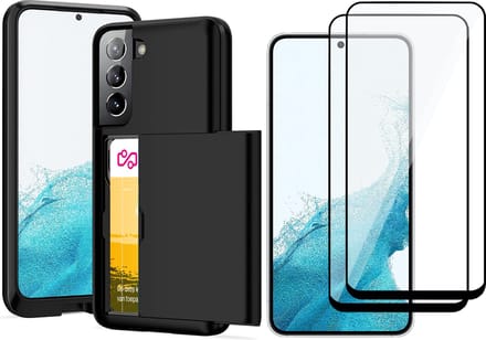 Hoesje met Pasjeshouder geschikt voor Samsung Galaxy S22 Plus - 2x Screen Protector FullGuard - Back Cover SlideCase Zwart & Screenprotector