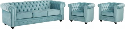 Vente-unique Driezitsbank en 2 fauteuils CHESTERFIELD - velours - pastelblauw