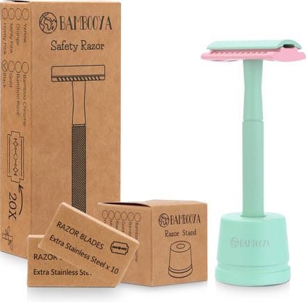 Bambooya - Safety Razor + Houder + 20 Scheermesjes Bamboe Milieuvriendelijk Set - Minty Pink