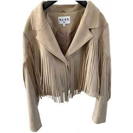 Korte Leren Jas met Lange Mouwen en Kwastjes Punk Mode Damesjas M beige