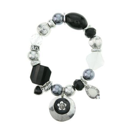Behave - Bedelarmband elastisch zwart zilverkleur bloem - avondstijl