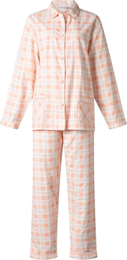 Lunatex dames pyjama flanel - maat XL - Ruit - perzik