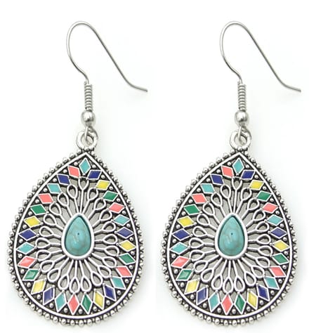 Dames oorbellen boho druppel metaal zilverkleurig multicolor turquoise steen lichtgewicht
