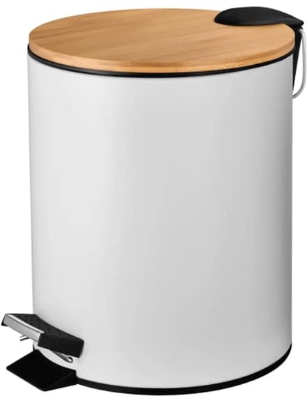 Stylische witte 5L cosmetica-afvalemmer met softclose | Elegante badkameremmer met bamboe deksel