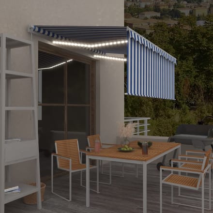 vidaXL - Luifel - handmatig - uittrekbaar - rolgordijn - LED - 3,5x2,5 - m - blauw - wit