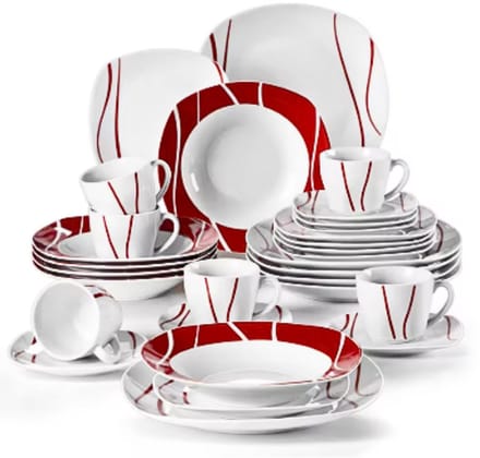 Lavish Serviesset – 6 persoons – 30 delig – Rood wit Keramisch – Dinerborden – Ontbijtborden