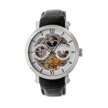 Heritor Automatic Aries Skeleton leren band horloge - Zwart/Wit