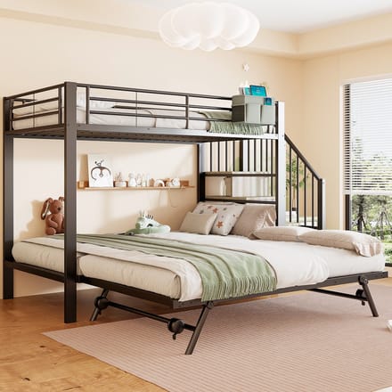Stapellbed - 90 x 200 / 180 x 200 cm - Uitschuifbaar met Opbergtrap - Metaal - Zwart